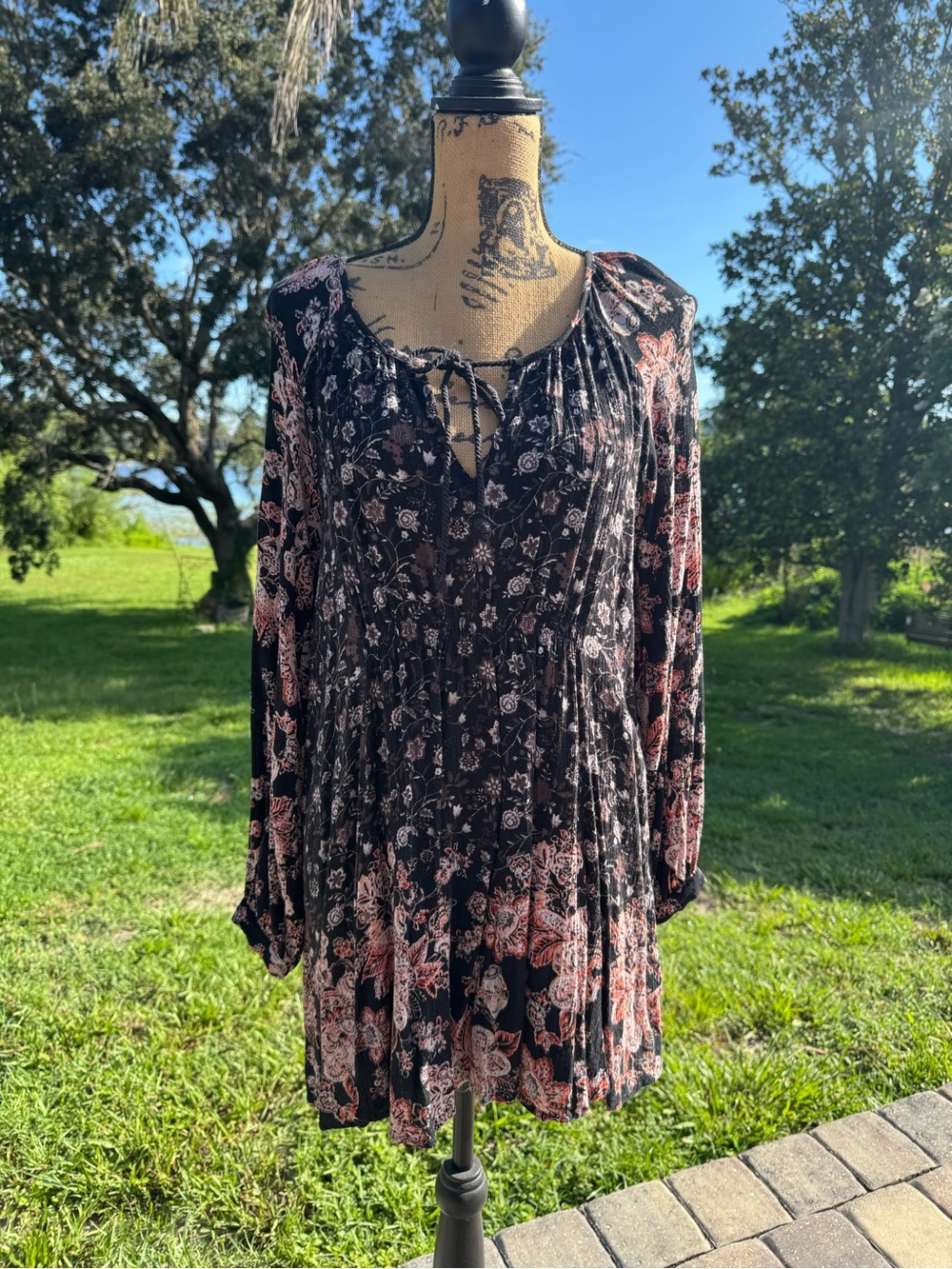 Free People Boho Black & Dusty Rose Floral Peasant Mini Dress Medium